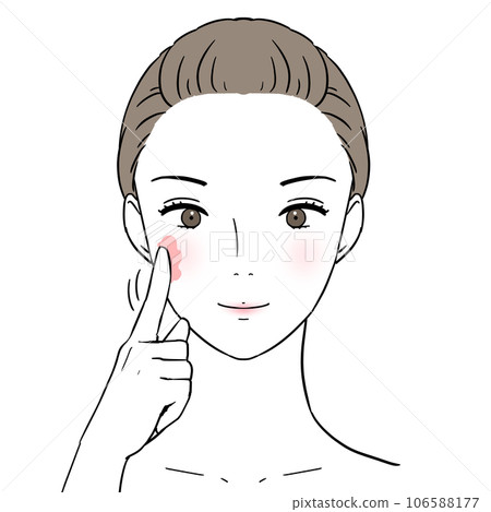 Beauty Front-faced woman applying cosmetics with index finger Makeup sample Skin care 106588177