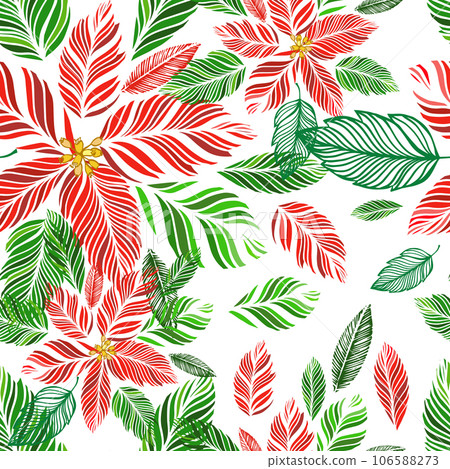 Pretty red poinsettia flowers with snow and stars motifs on a white background. Perfect for Christmas decoration , gift wrapping and textile projects. Seamless vector pattern background. Pretty red poinsettia flowers with snow and stars motifs on a white background. Perfect for Christmas decoration , gift wrapping and textile projects. Seamless vector pattern background. 106588273