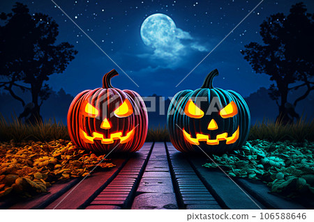 Halloween pumpkins on a wooden platform in the... - Stock Illustration ...
