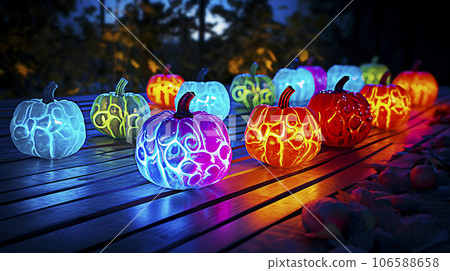 Halloween pumpkins on wooden planks in the park at night. Selective focus. Generative AI Halloween pumpkins on wooden planks in the park at night. Selective focus. Generative AI 106588658