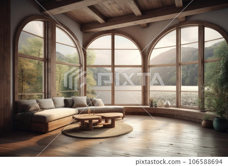 Beautiful rustic cottage with wooden walls and ceilings. Big window with vue on lake and forest on a sunny day. Scandinavian interior design. AI Generative. Beautiful rustic cottage with wooden walls and ceilings. Big window with vue on lake and forest on a sunny day. Scandinavian interior design. AI Generative. 106588694