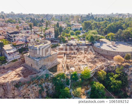 Hidirlik Tower, landmark of old town in Antalya Turkey. Drone view 106589252