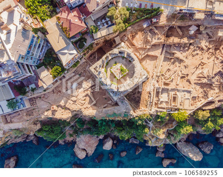 Hidirlik Tower, landmark of old town in Antalya Turkey. Drone view Hidirlik Tower, landmark of old town in Antalya Turkey. Drone view 106589255