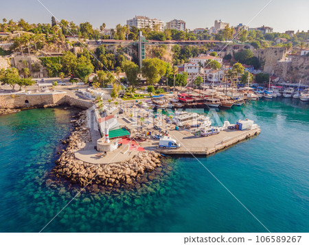 View of old Antalya from a drone or bird's eye view. This is the area of the old city and the old harbor View of old Antalya from a drone or bird's eye view. This is the area of the old city and the old harbor 106589267
