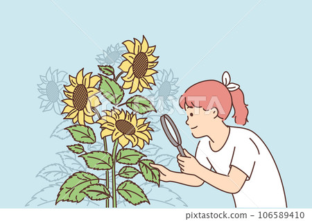 Girl looks at sunflowers through magnifying glass, wishing to become farmer or botanist Girl looks at sunflowers through magnifying glass, wishing to become farmer or botanist 106589410