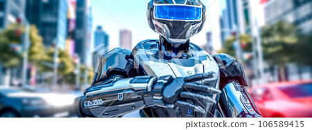 a robot police officer patrolling the streets of the city, banner a robot police officer patrolling the streets of the city, banner 106589415