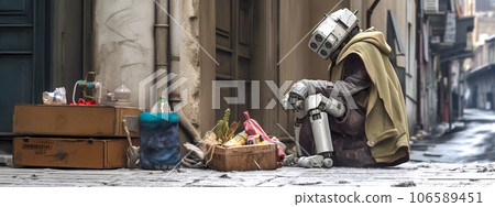 abandoned homeless humanoid in the city streets, banner abandoned homeless humanoid in the city streets, banner 106589451
