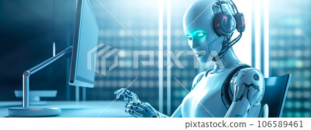 android working in the office, call center and technical online support, banner android working in the office, call center and technical online support, banner 106589461