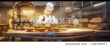 a robot bakes bread in a bakery, the concept of work automation, banner a robot bakes bread in a bakery, the concept of work automation, banner 106589471