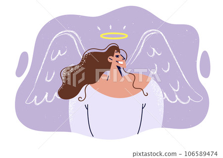 Kind woman with halo and painted angel wings smiles, demonstrating absence of negative intentions 106589474