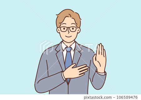 Man politician swear and put hand on heart giving oath of allegiance when entering public service 106589476