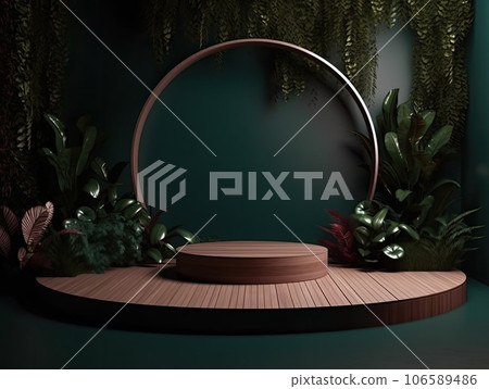 Green podium in modern tropical background for product placement 3d render. AI Generative 106589486