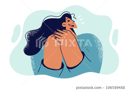 Happy woman looks at screen with smile and says congratulations or praise, bringing hands to face 106589488