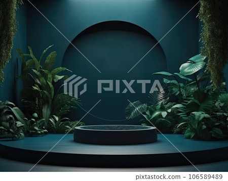 Green podium in modern tropical background for product placement 3d render. AI Generative 106589489
