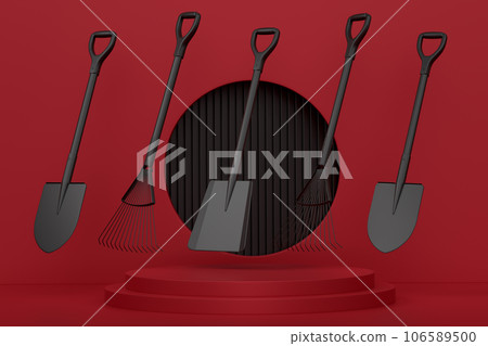 Garden equipment and supply on podium on monochrome background. Garden equipment and supply on podium on monochrome background. 106589500