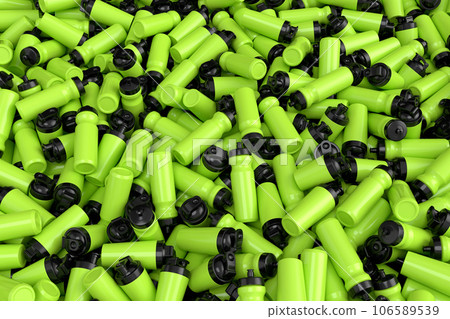 Pile of plastic sport shaker for protein drink on white background 106589539