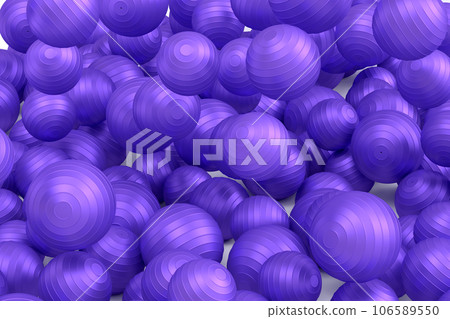 Many of flying violet fitness ball or fitball falling on white background 106589550