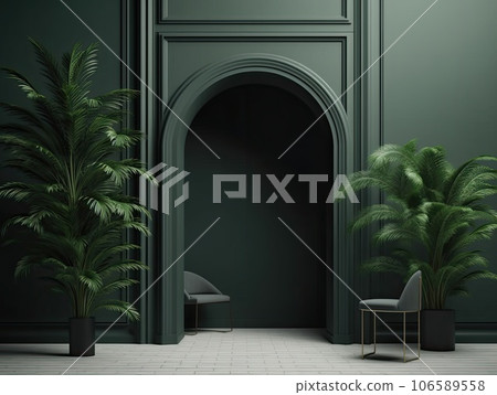 Green door and growing ,caring of plants in garden concept in plain Light background with copy space. 3D rendering for picture frame backgrounds. AI Generative. 106589558