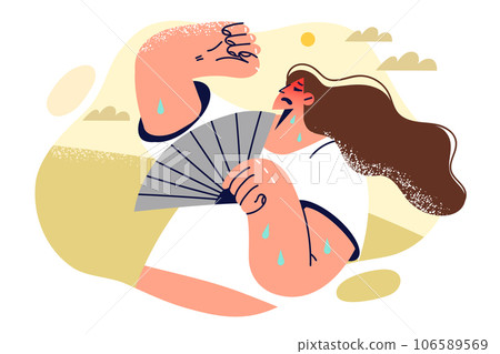 Woman with paper fan escapes summer heat and suffers after getting sunstroke while walking Woman with paper fan escapes summer heat and suffers after getting sunstroke while walking 106589569