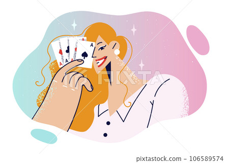 Woman poker player holds combination of four of aces, bringing playing cards to face Woman poker player holds combination of four of aces, bringing playing cards to face 106589574