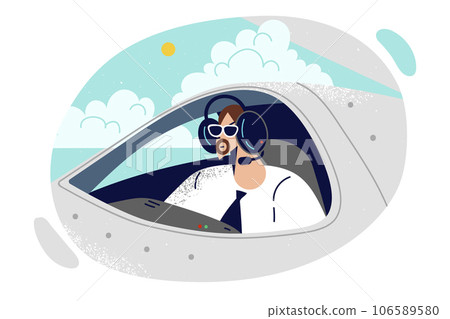 Man pilot airplane sits in cockpit airliner flying in sky among clouds, making cross-border flight Man pilot airplane sits in cockpit airliner flying in sky among clouds, making cross-border flight 106589580