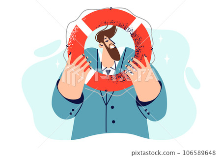 Business man with lifebuoy offers to provide assistance and crisis management services Business man with lifebuoy offers to provide assistance and crisis management services 106589648