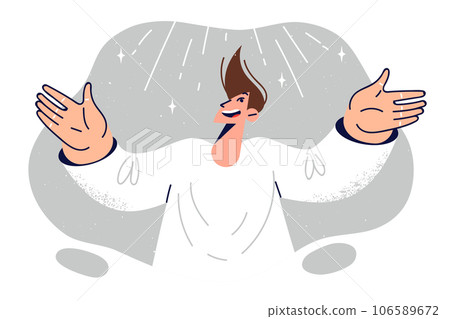 Man feels enlightened and looks up at rays of light symbolizing inspiration and lot of ideas Man feels enlightened and looks up at rays of light symbolizing inspiration and lot of ideas 106589672