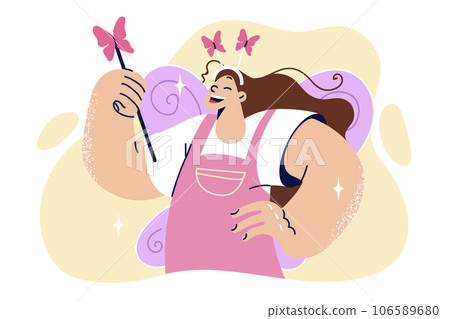 Little girl dressed as fairy or butterfly smiles, rejoicing to have beautiful outfit for party Little girl dressed as fairy or butterfly smiles, rejoicing to have beautiful outfit for party 106589680