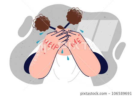 Teenage girl is crying, covering eyes with hands with text help me, for concept of family violence  106589691