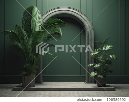Green door and growing ,caring of plants in garden concept in plain Light background with copy space. 3D rendering for picture frame backgrounds. AI Generative. 106589692