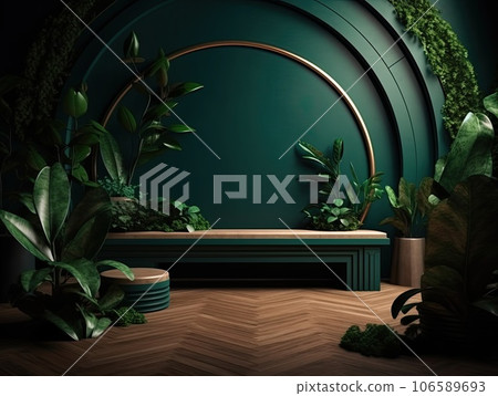 Green podium in modern tropical background for product placement 3d render. AI Generative 106589693