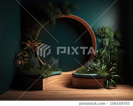 Green podium in modern tropical background for product placement 3d render. AI Generative Green podium in modern tropical background for product placement 3d render. AI Generative 106589705