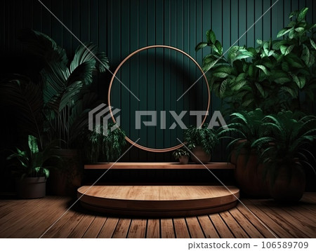 Green podium in modern tropical background for product placement 3d render. AI Generative 106589709