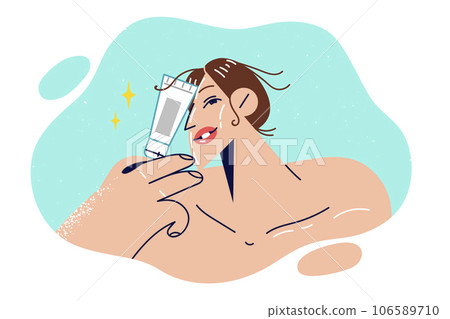 Woman holds cosmetic cream in tubes and calls for use rejuvenating gel to get rid wrinkles on face 106589710