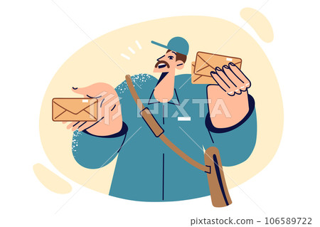 Postal man holds envelopes with letters, working as mail courier for state postal company 106589722