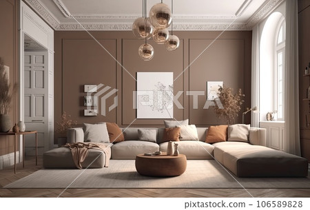 Warm and cozy interior of living room space with sofa, pouf, carpet, lamp, mock up poster frame, decoration, plant and coffee table. Cozy home decor. Template. AI Generative. 106589828