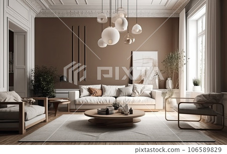 Warm and cozy interior of living room space with sofa, pouf, carpet, lamp, mock up poster frame, decoration, plant and coffee table. Cozy home decor. Template. AI Generative. 106589829