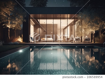 Design house - modern villa with open plan living and private bedroom wing. Large terrace with privacy and, swimming pool. Generative AI. 106589954