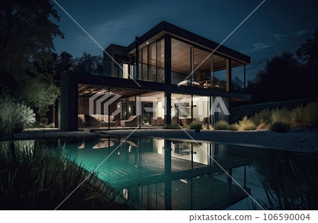 Design house - modern villa with open plan living and private bedroom wing. Large terrace with privacy and, swimming pool. Generative AI. 106590004