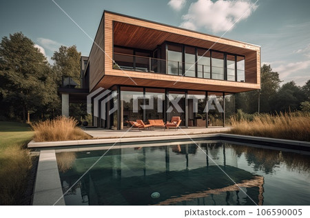 Design house - modern villa with open plan living and private bedroom wing. Large terrace with privacy and, swimming pool. Generative AI. 106590005