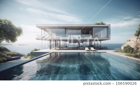 Design house - modern villa with open plan living and private bedroom wing. Large terrace with privacy and, swimming pool. Generative AI. 106590026