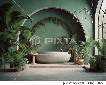 a bathtub in front of a green wall with plants on the walls and flooring it is surrounded by plants. AI Generative. 106590027