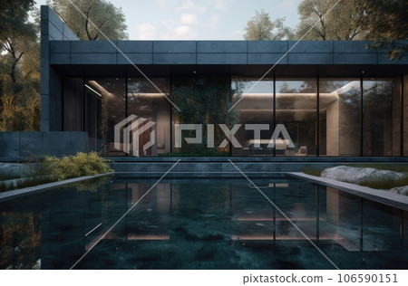 Design house - modern villa with open plan living and private bedroom wing. Large terrace with privacy and, swimming pool. Generative AI. 106590151