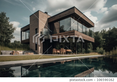 Design house - modern villa with open plan living and private bedroom wing. Large terrace with privacy and, swimming pool. Generative AI. 106590162