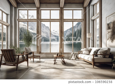 Beautiful rustic cottage with wooden walls and ceilings. Big window with vue on lake and forest on a sunny day. Scandinavian interior design. AI Generative. 106590238