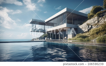 Design house - modern villa with open plan living and private bedroom wing. Large terrace with privacy and, swimming pool. Generative AI. 106590239