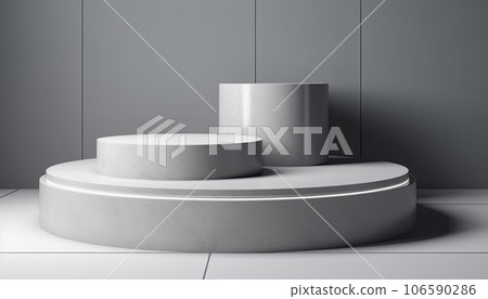 Geometric product display podium on gray background. Minimal different shapes scene stage showcase stand for product promotion presentation. AI Generative. Geometric product display podium on gray background. Minimal different shapes scene stage showcase stand for product promotion presentation. AI Generative. 106590286