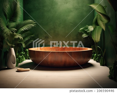 a bathtub in front of a green wall with plants on the walls and flooring it is surrounded by plants. AI Generative. 106590446