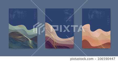 Japanese wave pattern with abstract landscape art background vector. Water surface and ocean elements template in vintage style 106590447