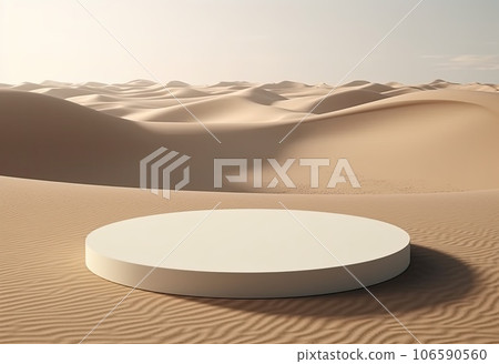 Podium on sand background. Display with sunshade and shadow on the background for cosmetic perfume fashion natural product. Generative AI. Podium on sand background. Display with sunshade and shadow on the background for cosmetic perfume fashion natural product. Generative AI. 106590560